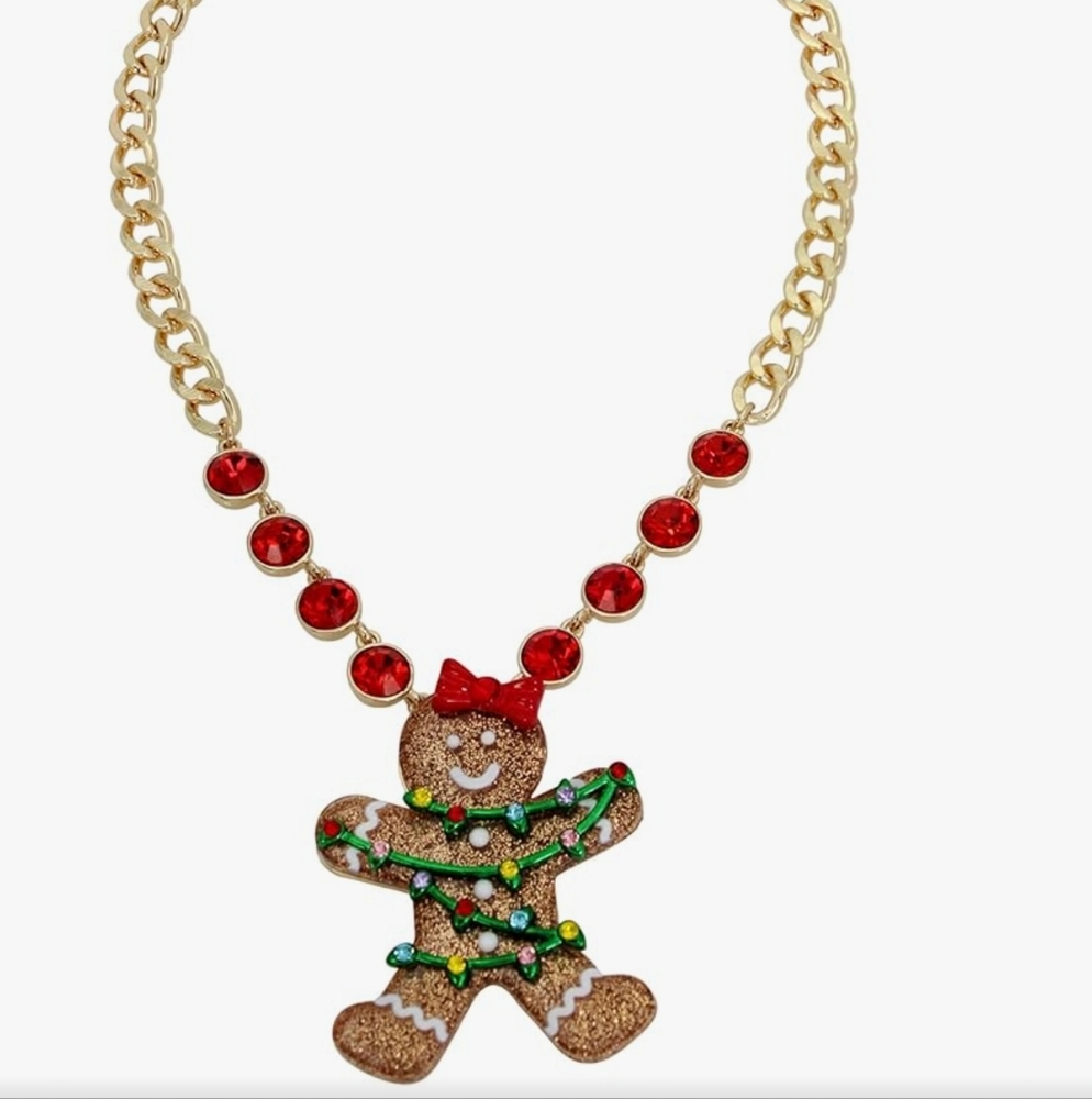 NWT Betsey Johnson Gingerbread Man Holiday Rhinestone Statement Necklace